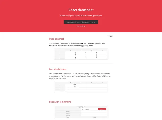 React Datasheet screenshot