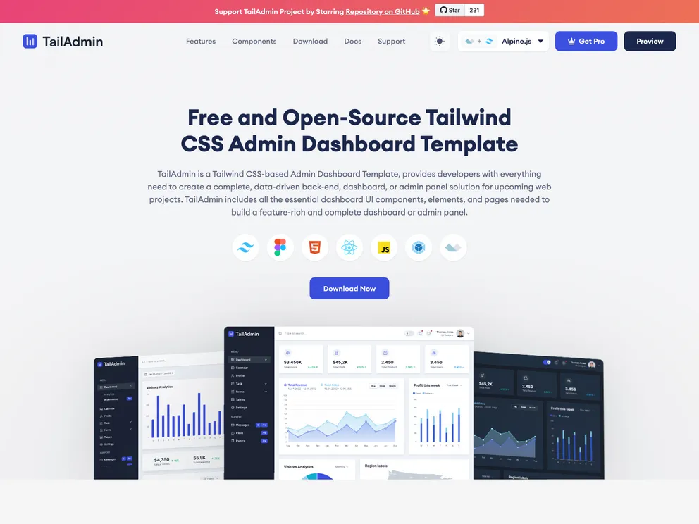 Free React Tailwind Admin Dashboard screenshot